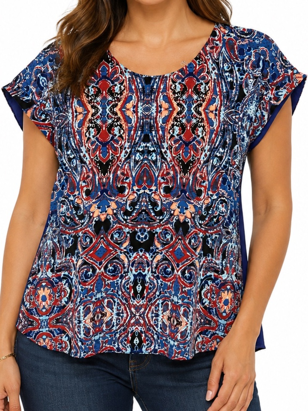 bobeau Navy Blue Ted Bohemian Paisley Print  Cap Sleeve Blouse